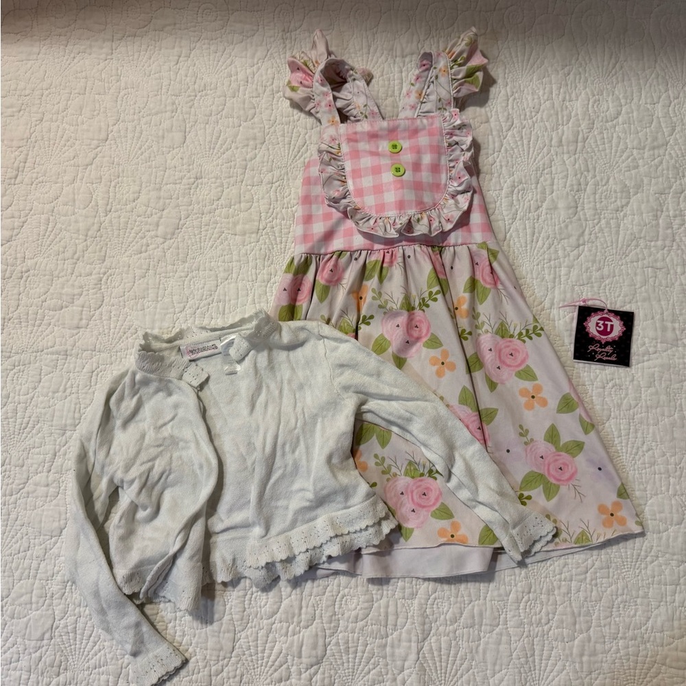 Youngland Pink and White Floral Dress with Cardigan